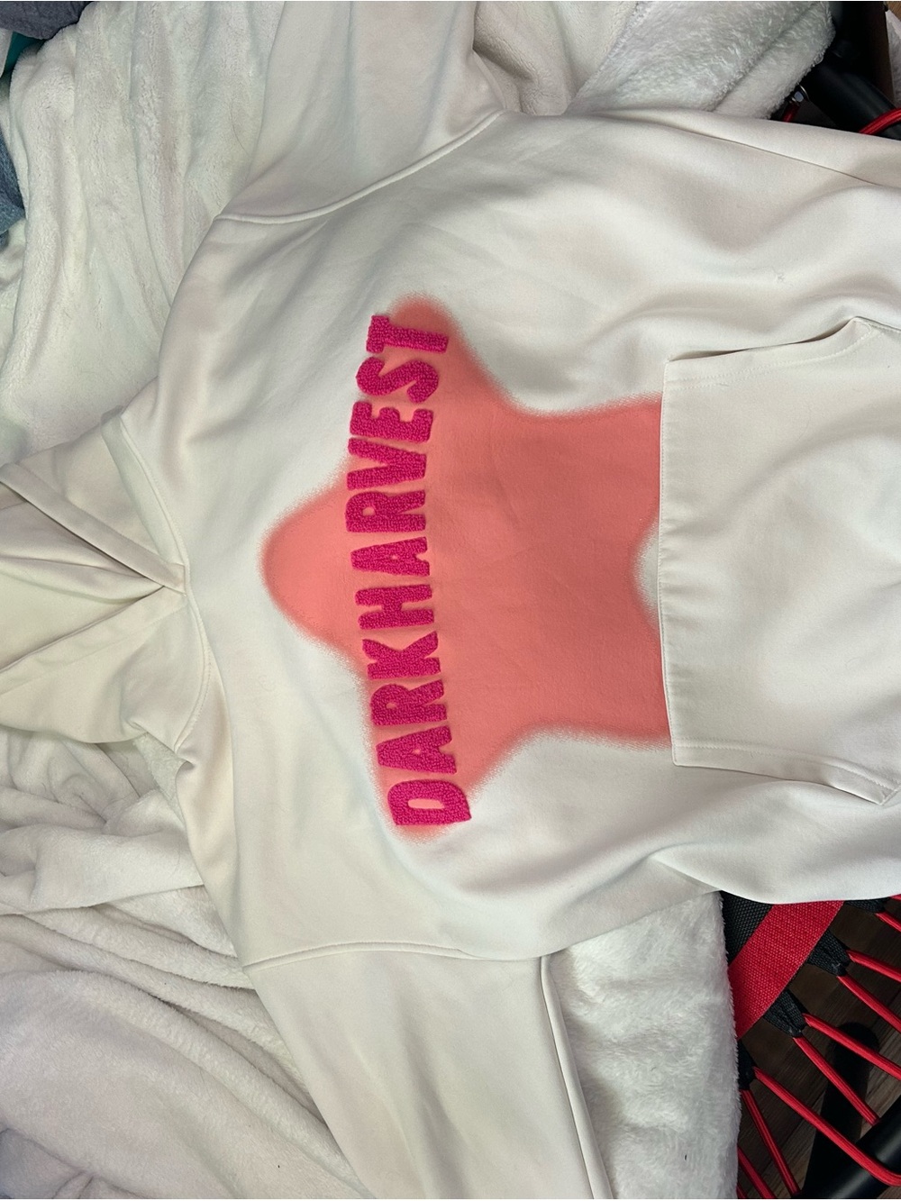 White Hoodie with Pink Star & 'DARK HARVEST' Text